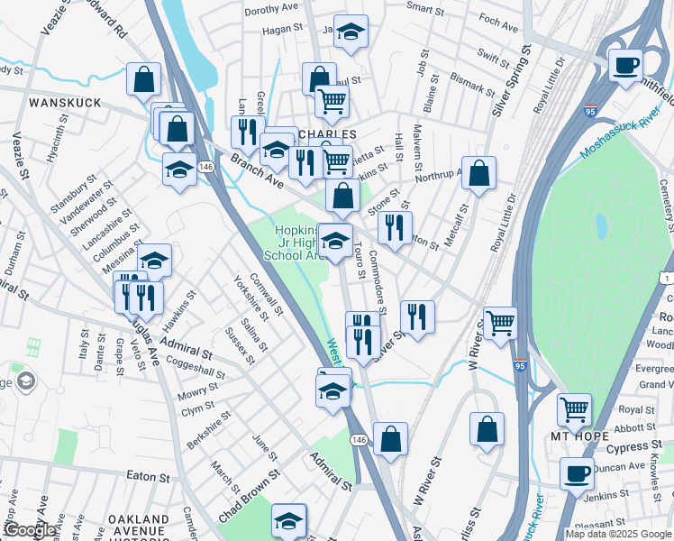 map of restaurants, bars, coffee shops, grocery stores, and more near 480 Charles Street in Providence