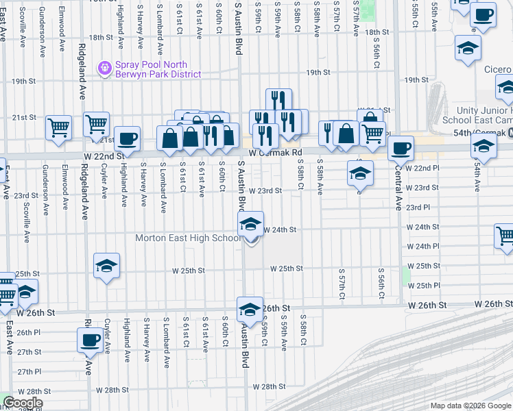 map of restaurants, bars, coffee shops, grocery stores, and more near 2314 South 59th Court in Cicero