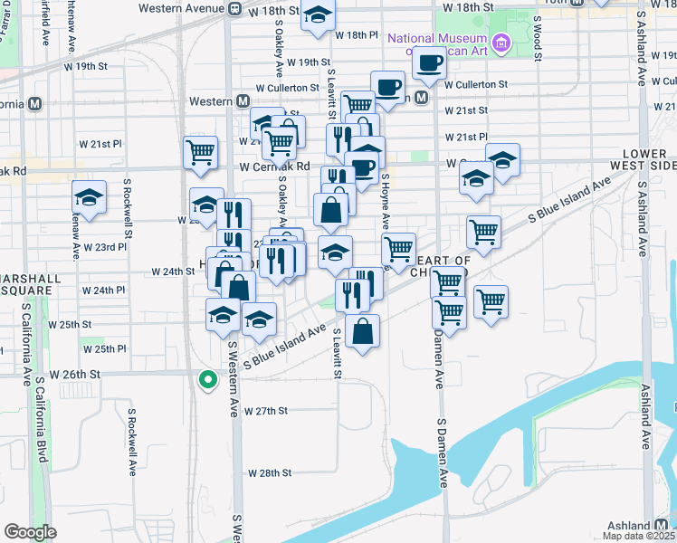 map of restaurants, bars, coffee shops, grocery stores, and more near 2401 South Leavitt Street in Chicago