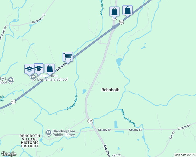 map of restaurants, bars, coffee shops, grocery stores, and more near 47 Bay State Road in Rehoboth