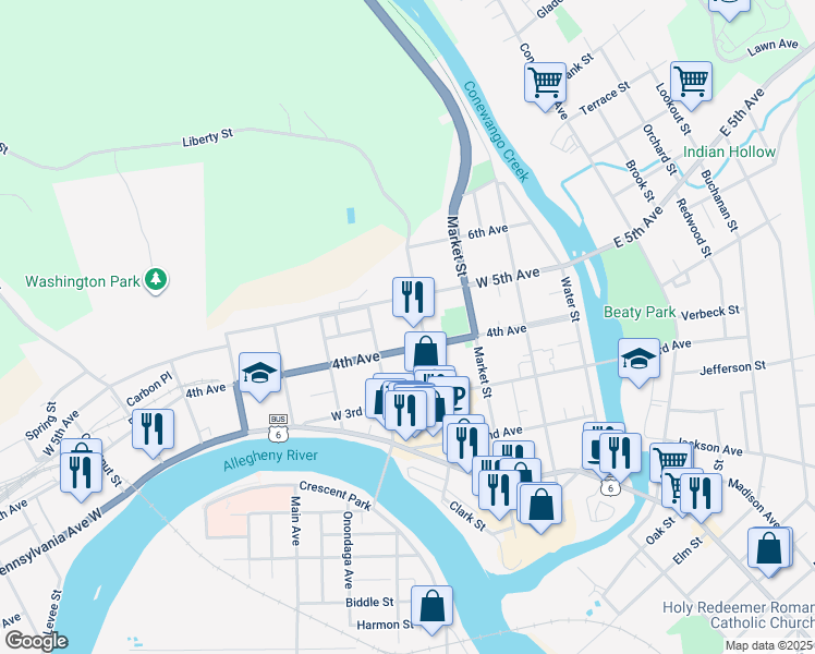 map of restaurants, bars, coffee shops, grocery stores, and more near 403 Liberty Street in Warren