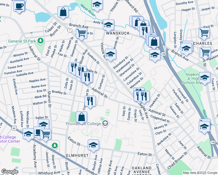 map of restaurants, bars, coffee shops, grocery stores, and more near 22 Clyde Street in Providence