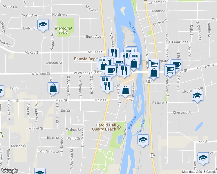map of restaurants, bars, coffee shops, grocery stores, and more near 299 1st Street in Batavia