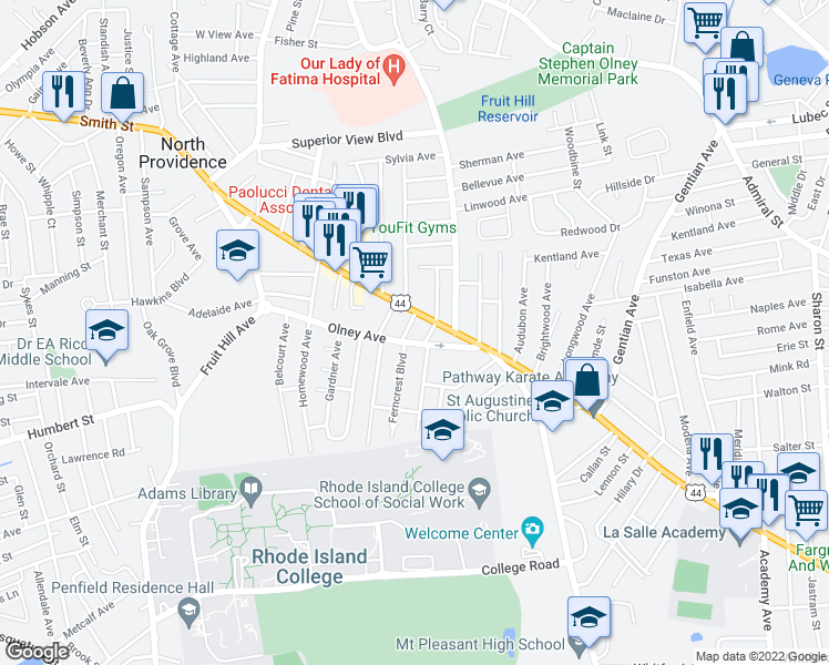 map of restaurants, bars, coffee shops, grocery stores, and more near 9 2nd Street in North Providence