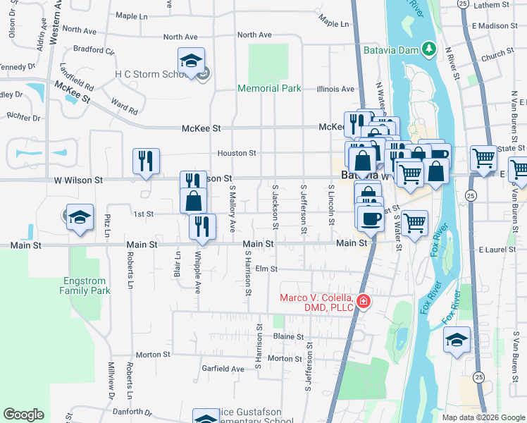 map of restaurants, bars, coffee shops, grocery stores, and more near 615 1st Street in Batavia