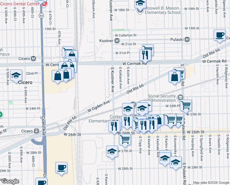 map of restaurants, bars, coffee shops, grocery stores, and more near 2332 South Kirkland Avenue in Chicago