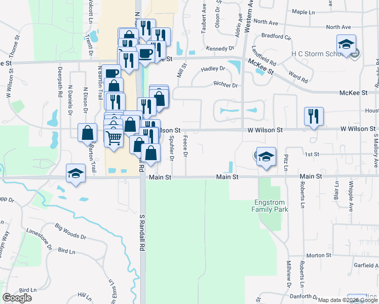 map of restaurants, bars, coffee shops, grocery stores, and more near 56 Feece Drive in Batavia