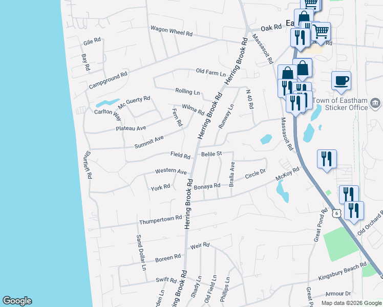 map of restaurants, bars, coffee shops, grocery stores, and more near 10 Field Road in Eastham