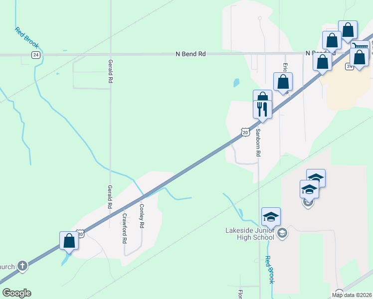 map of restaurants, bars, coffee shops, grocery stores, and more near 3519 North Bend Road in Ashtabula
