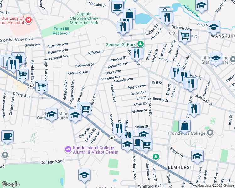 map of restaurants, bars, coffee shops, grocery stores, and more near 182 Enfield Avenue in Providence