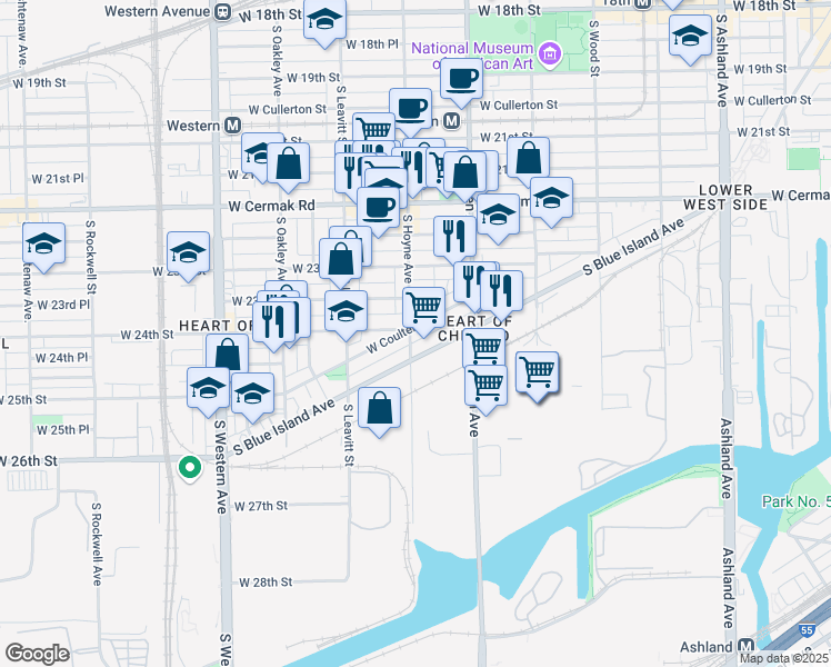 map of restaurants, bars, coffee shops, grocery stores, and more near 2409 South Hoyne Avenue in Chicago