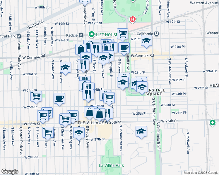 map of restaurants, bars, coffee shops, grocery stores, and more near 2352 South Whipple Street in Chicago