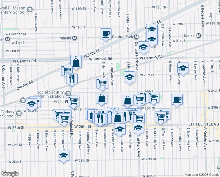 map of restaurants, bars, coffee shops, grocery stores, and more near 2346 South Ridgeway Avenue in Chicago