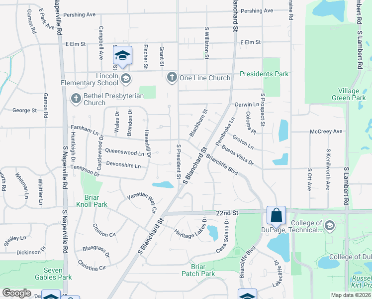 map of restaurants, bars, coffee shops, grocery stores, and more near 1513 Johnstown Court in Wheaton