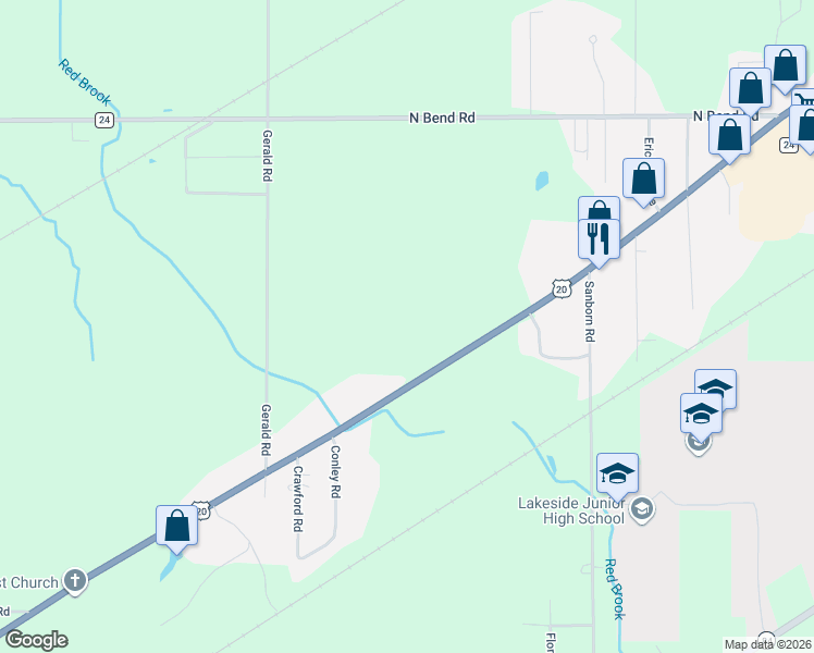 map of restaurants, bars, coffee shops, grocery stores, and more near 3519 North Bend Road in Ashtabula