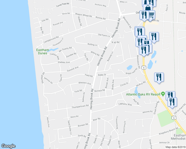 map of restaurants, bars, coffee shops, grocery stores, and more near 10 Field Road in Eastham