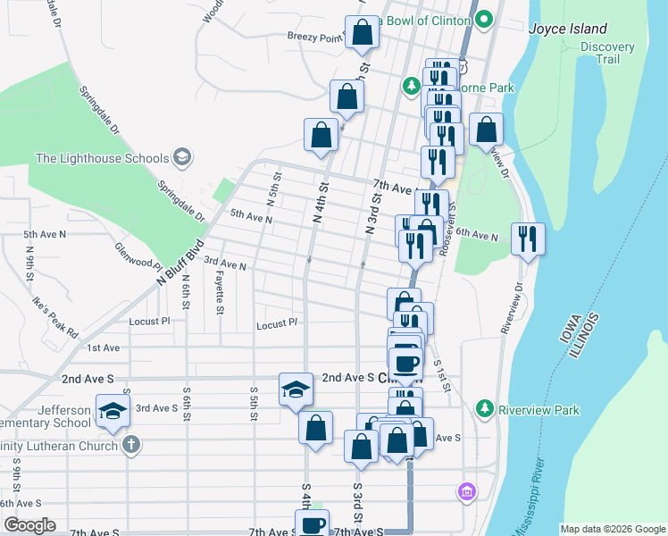 map of restaurants, bars, coffee shops, grocery stores, and more near 327 4th Avenue North in Clinton