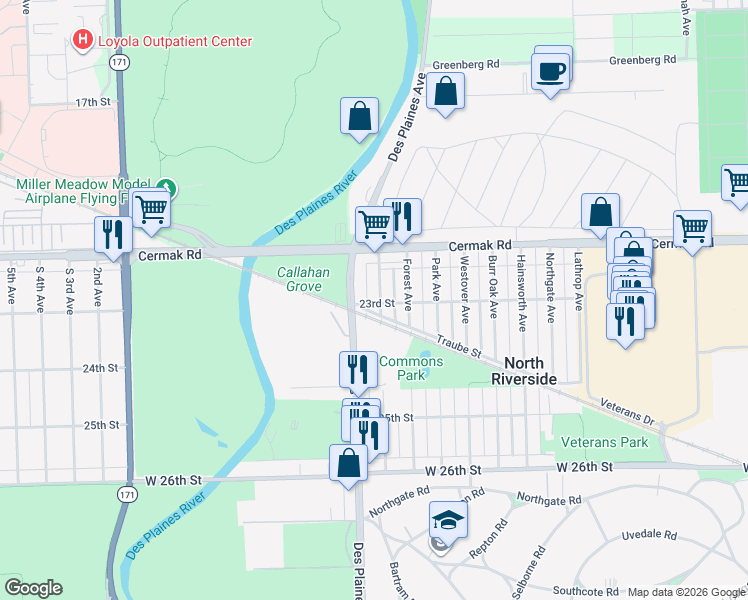 map of restaurants, bars, coffee shops, grocery stores, and more near 2256 Keystone Avenue in North Riverside