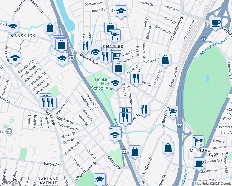 map of restaurants, bars, coffee shops, grocery stores, and more near 480 Charles Street in Providence