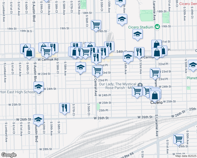 map of restaurants, bars, coffee shops, grocery stores, and more near 2319 South Central Avenue in Cicero