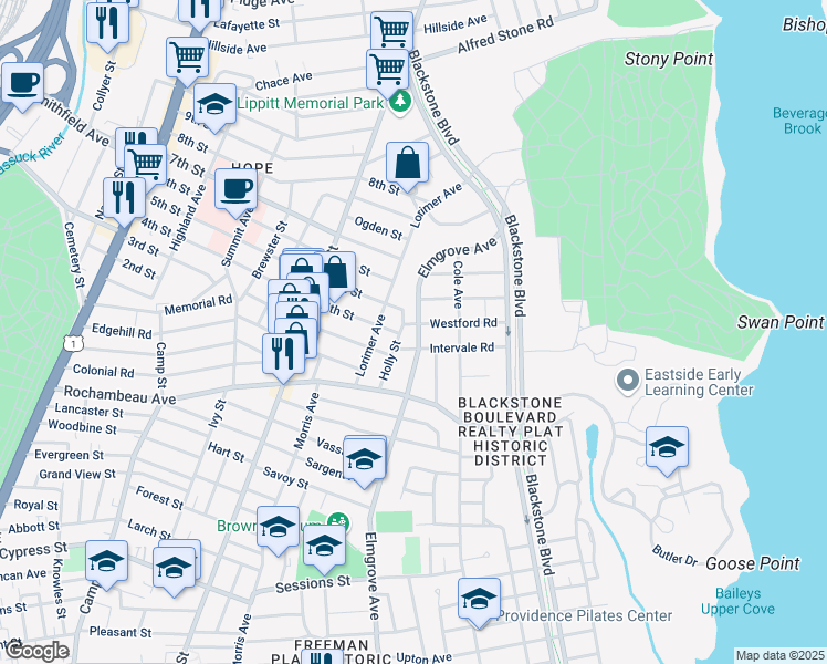 map of restaurants, bars, coffee shops, grocery stores, and more near 630 Elmgrove Avenue in Providence