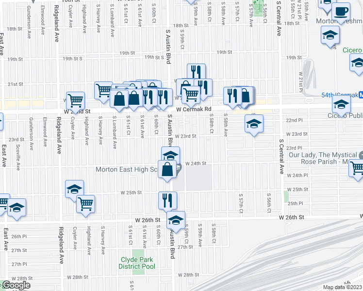 map of restaurants, bars, coffee shops, grocery stores, and more near 2314 South 59th Court in Cicero
