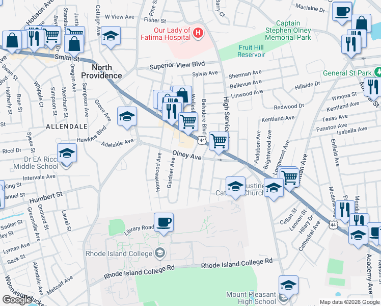 map of restaurants, bars, coffee shops, grocery stores, and more near 17 3rd Street in North Providence