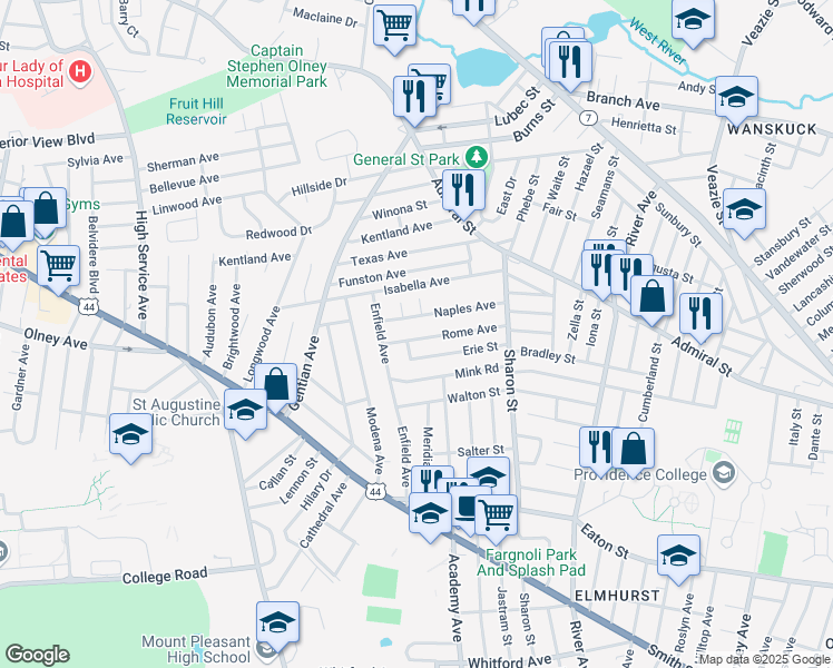 map of restaurants, bars, coffee shops, grocery stores, and more near 95 Rome Avenue in Providence