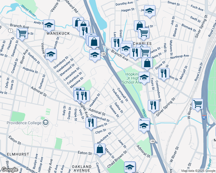 map of restaurants, bars, coffee shops, grocery stores, and more near 120 Yorkshire Street in Providence