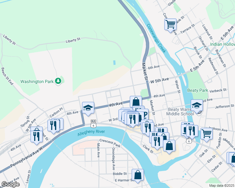 map of restaurants, bars, coffee shops, grocery stores, and more near 421 Hickory Street in Warren