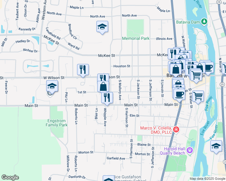 map of restaurants, bars, coffee shops, grocery stores, and more near 42 South Van Nortwick Avenue in Batavia