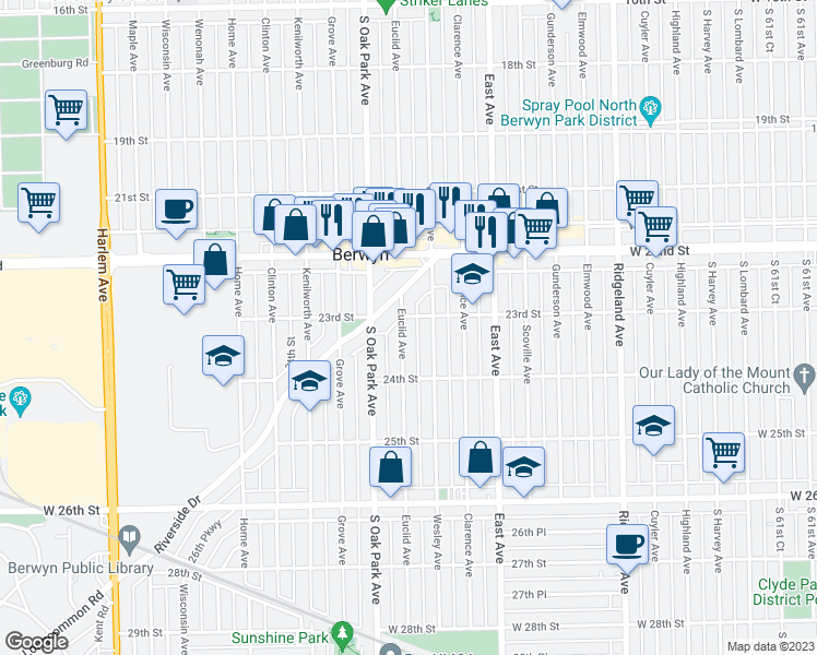 map of restaurants, bars, coffee shops, grocery stores, and more near 2307 Euclid Avenue in Berwyn