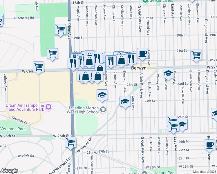 map of restaurants, bars, coffee shops, grocery stores, and more near 2303 Home Avenue in Berwyn