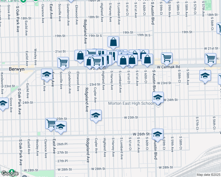 map of restaurants, bars, coffee shops, grocery stores, and more near 2310 South Harvey Avenue in Berwyn