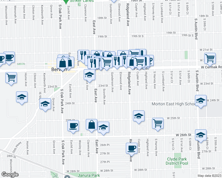 map of restaurants, bars, coffee shops, grocery stores, and more near 2308 Gunderson Avenue in Berwyn