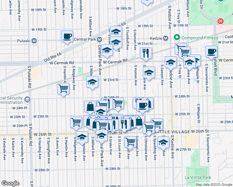 map of restaurants, bars, coffee shops, grocery stores, and more near 2346 South Saint Louis Avenue in Chicago
