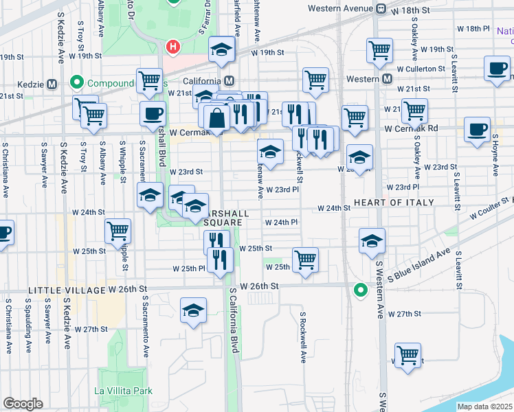 map of restaurants, bars, coffee shops, grocery stores, and more near 2700 West 24th Street in Chicago
