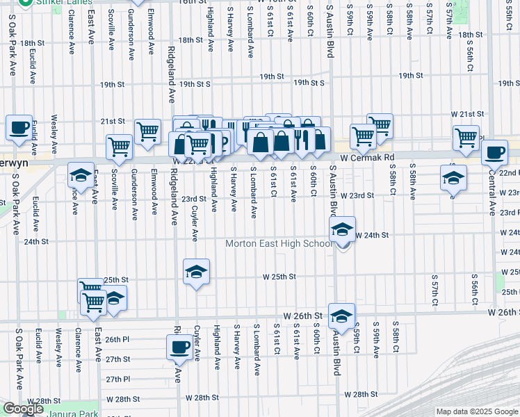 map of restaurants, bars, coffee shops, grocery stores, and more near 2311 S Lombard Ave in Cicero