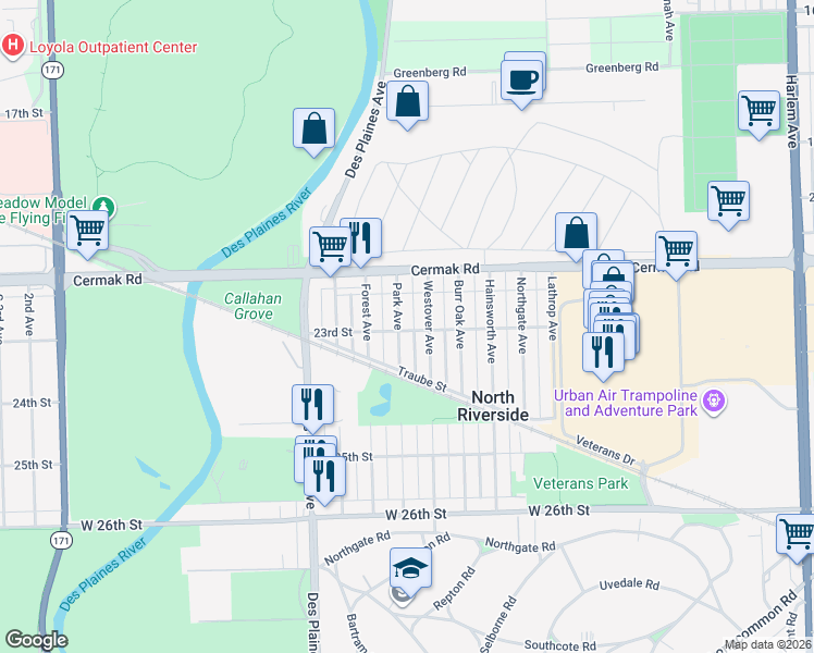 map of restaurants, bars, coffee shops, grocery stores, and more near 2257 Park Avenue in North Riverside