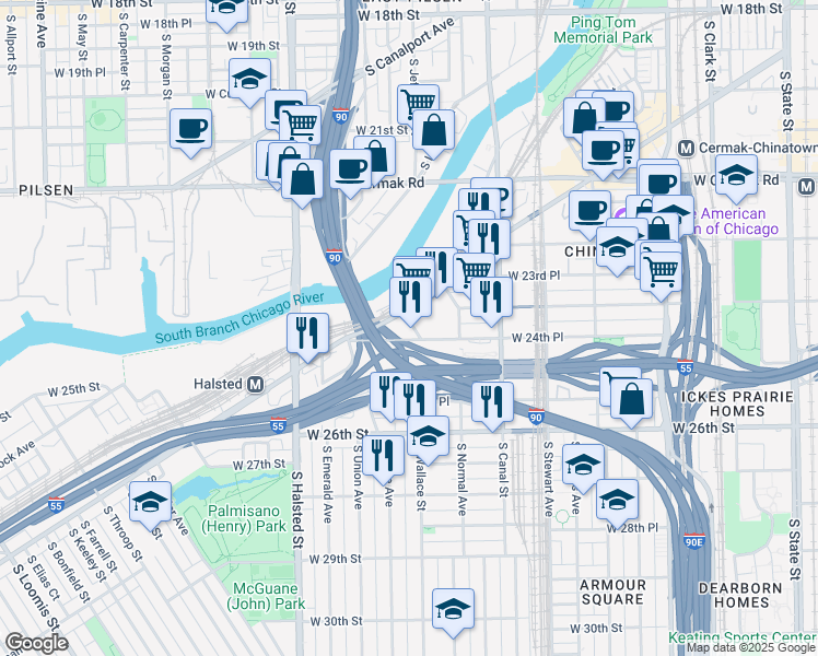 map of restaurants, bars, coffee shops, grocery stores, and more near 2401 South Wallace Street in Chicago