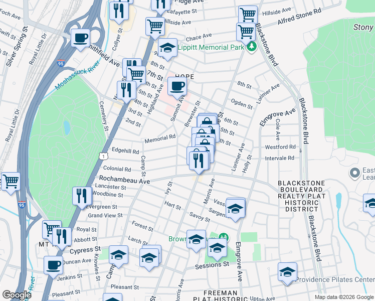 map of restaurants, bars, coffee shops, grocery stores, and more near 27 Burlington Street in Providence