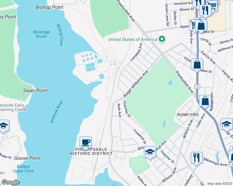 map of restaurants, bars, coffee shops, grocery stores, and more near 20 Albert Avenue in East Providence