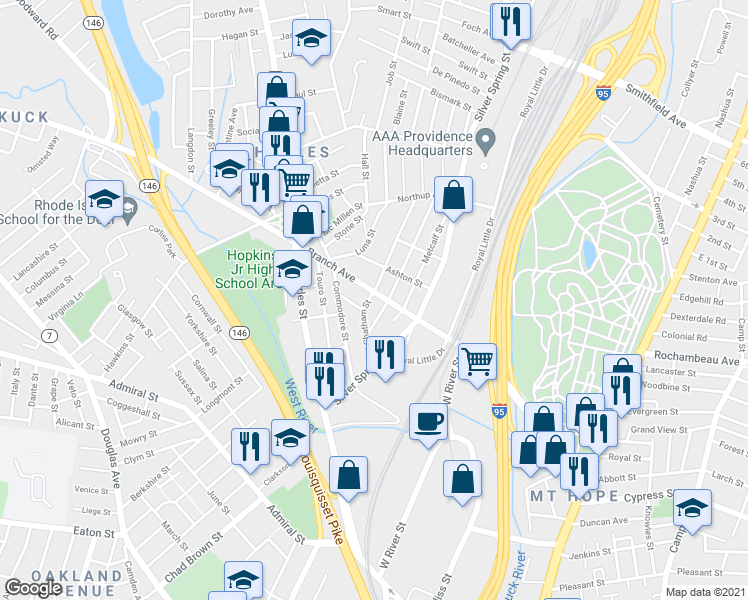 map of restaurants, bars, coffee shops, grocery stores, and more near 334 Branch Avenue in Providence