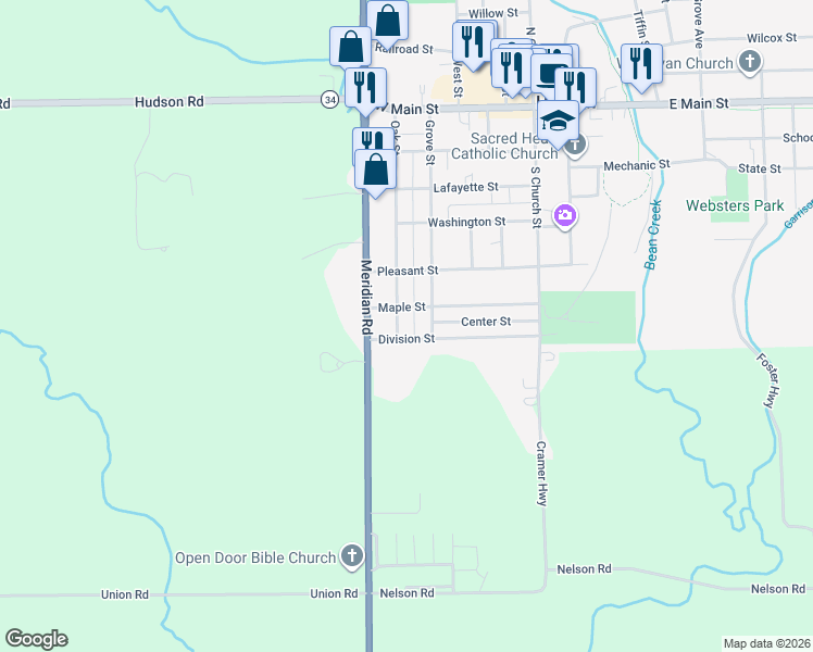 map of restaurants, bars, coffee shops, grocery stores, and more near 607 Oak St in Hudson