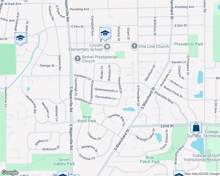map of restaurants, bars, coffee shops, grocery stores, and more near 649 Queenswood Lane in Wheaton