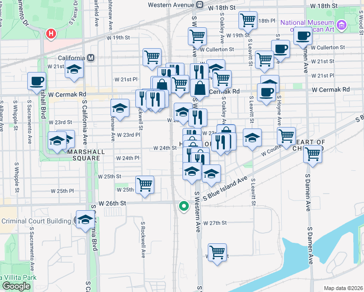 map of restaurants, bars, coffee shops, grocery stores, and more near 2436 West 24th Street in Chicago