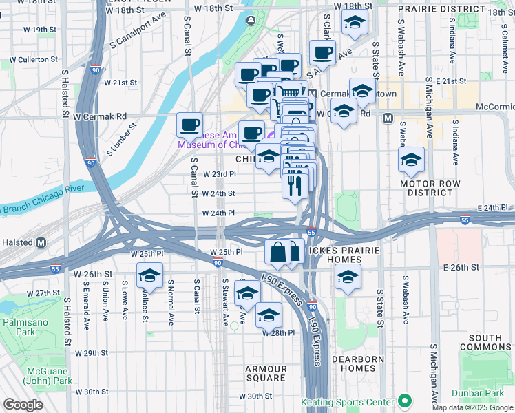 map of restaurants, bars, coffee shops, grocery stores, and more near 268 W 24th Pl in Chicago