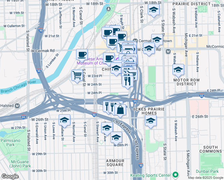map of restaurants, bars, coffee shops, grocery stores, and more near 266 West 24th Place in Chicago