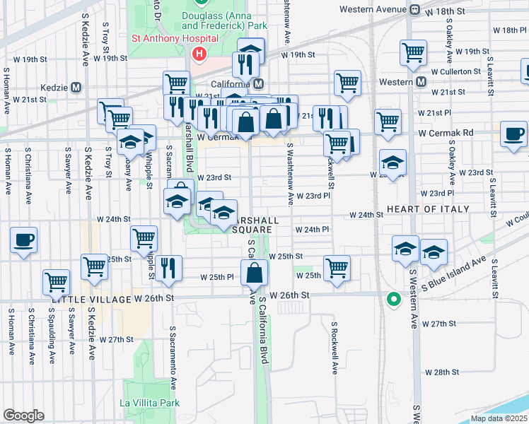 map of restaurants, bars, coffee shops, grocery stores, and more near 2740 West 24th Street in Chicago