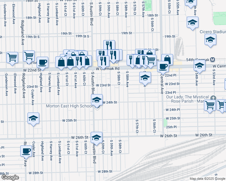 map of restaurants, bars, coffee shops, grocery stores, and more near 2313 S 59th Ave in Cicero